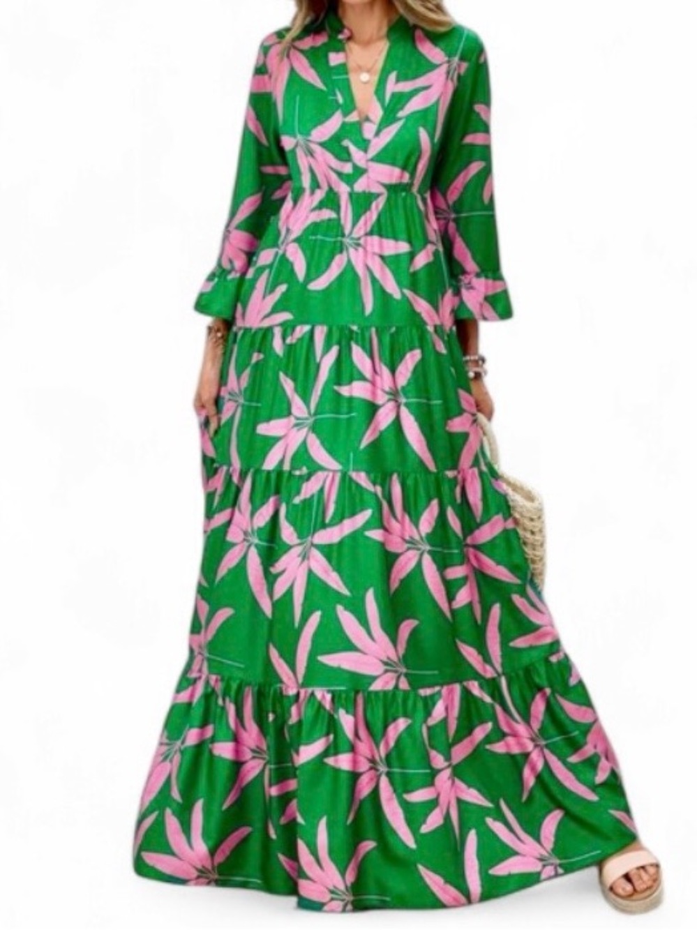 SHEIN VCAY Leaf Print Notched Neckline Flounce Sleeve Ruffle Hem Dress Size L